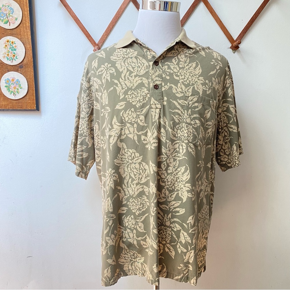 Tori Richard Vintage Hawaiian Floral Leaf Print Polo Shirt Large